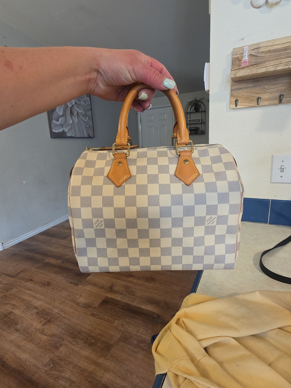 Louis Vuitton Cream Checkered Dome Satchel with Tan Handles Size 25